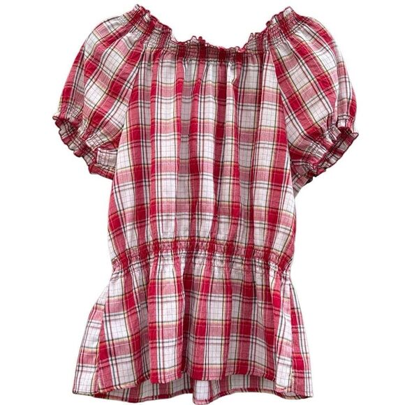 Cato Women's Red Plaid Embroidered Ruffled Smock Top Size XL - Picture 2 of 6